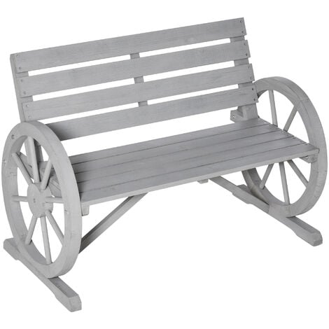 Outsunny 2 Seater Garden Bench w/ Wooden Cart Wagon Wheel Rustic High Back Grey