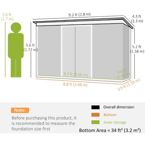 Outsunny 9 x 4FT Outdoor Metal Frame Garden Storage Shed w/ 2 Door Dark Grey