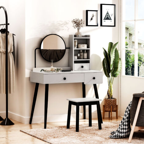 HOMCOM Dressing Table Set with 3 Drawers, Storage shelves and Stool Gray