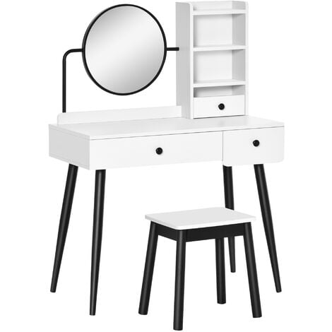 HOMCOM Dressing Table Set with 3 Drawers, Storage shelves and Stool White