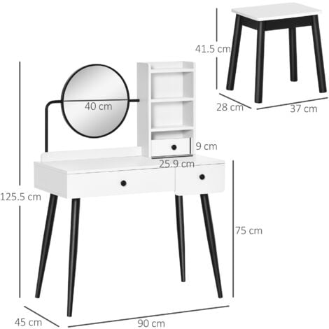 HOMCOM Dressing Table Set with 3 Drawers, Storage shelves and Stool White