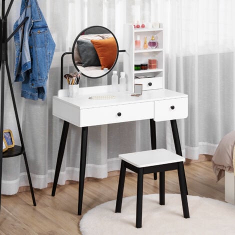 HOMCOM Dressing Table Set with 3 Drawers, Storage shelves and Stool White