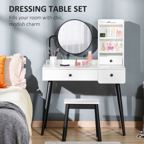 HOMCOM Dressing Table Set with 3 Drawers, Storage shelves and Stool White