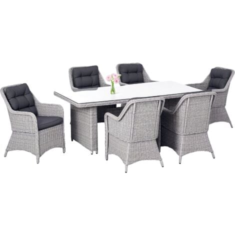 Outsunny 6 Seater Rattan Dining Set with Glass Top Table and Cushions, Grey