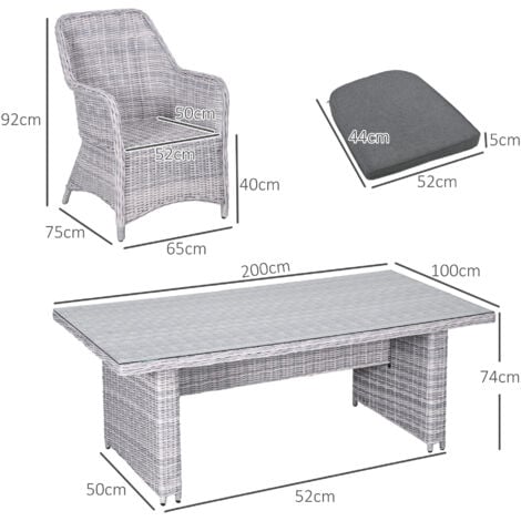 Outsunny 6 Seater Rattan Dining Set with Glass Top Table and Cushions, Grey