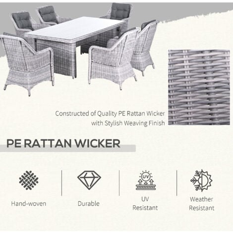 Outsunny 6 Seater Rattan Dining Set with Glass Top Table and Cushions, Grey