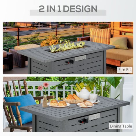 Outsunny Outdoor Gas Fire Pit Table Smokeless Firepit w/ Rain Cover, Lid, Grey