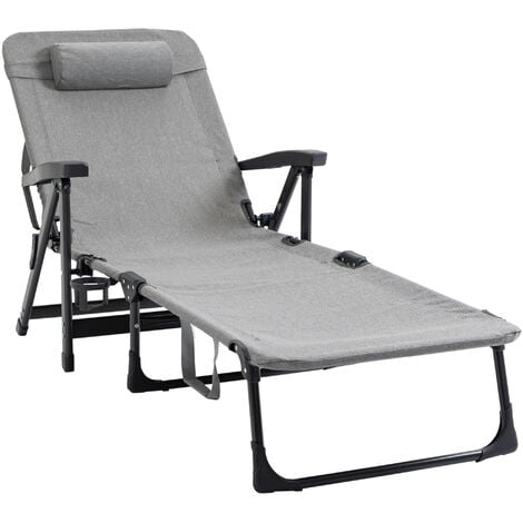 Outsunny Folding Chaise Lounge, Garden Lounger Headrest Cup Holder, Light Grey