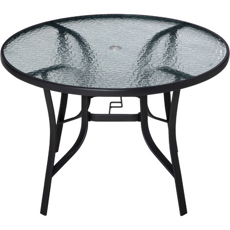 Outsunny 106cm Round Garden Dining Table with Parasol Hole Tempered Glass Top