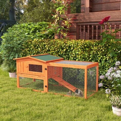 PawHut Rabbit Hutch and Run Outdoor w/ Sliding Tray Hay Rack Ramp Orange