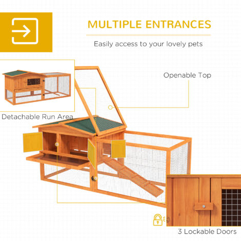 PawHut Rabbit Hutch and Run Outdoor w/ Sliding Tray Hay Rack Ramp Orange