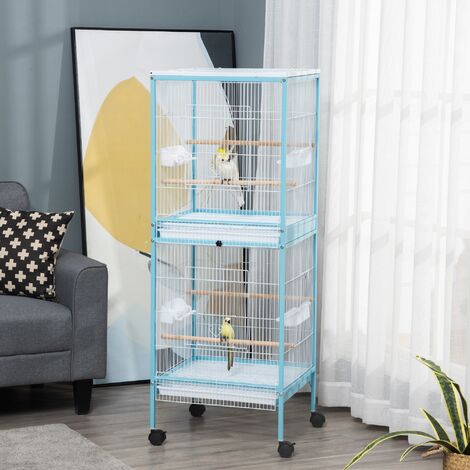 PawHut 2 In 1 Large Bird Cage Aviary with Wheels, Slide-out Trays Wood ...