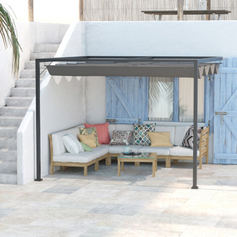 Outsunny Outdoor Pergola Retractable Canopy Wall Mounted Gazebo Grey
