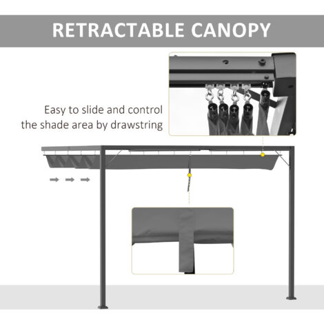 Outsunny Outdoor Pergola Retractable Canopy Wall Mounted Gazebo Grey