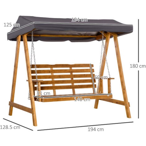 Outsunny 3 Seater Wooden Garden Swing Chair Hammock with Adjustable Canopy