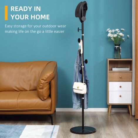 Steel Coat Rack Hall Tree with 8 Hooks Marble Base for Clothes Hats Bags Black