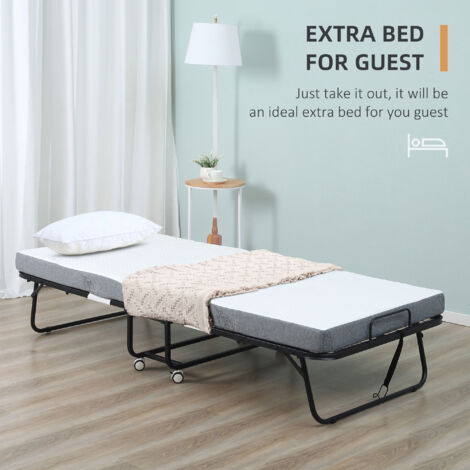 HOMCOM Folding Bed with 10cm Mattress, Portable Foldable Guest Bed with Wheels