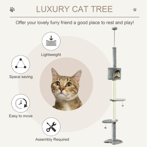 PawHut Cat Tree, Kitten Play Tower w/ Solid Scratching Post, Light Grey