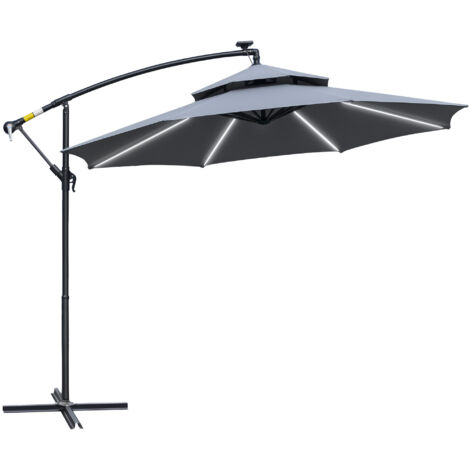 Outsunny 3(m) Cantilever Parasol Hanging Banana Umbrella w/ lights Grey