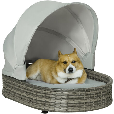 PawHut Wicker Pet Bed for Small Medium Dogs W/ Adjustable Canopy Cushion, Grey