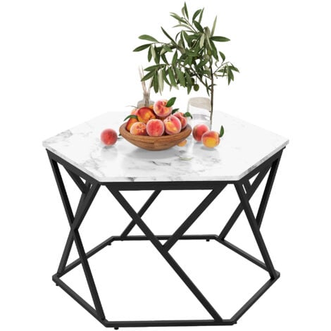 HOMCOM Coffee Table Cocktail Table with High Gloss Marble Top Steel Frame White