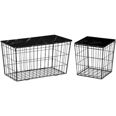 Side Table Set of 2 Coffee Table W/ Storage Faux Marble Top Living Room Black