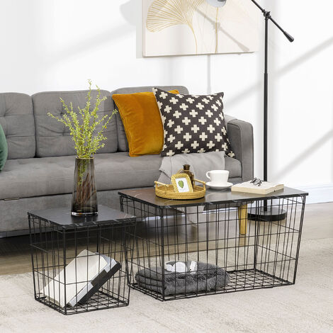 Side Table Set of 2 Coffee Table W/ Storage Faux Marble Top Living Room Black