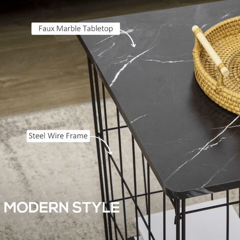 Side Table Set of 2 Coffee Table W/ Storage Faux Marble Top Living Room Black