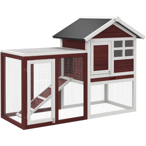 PawHut 2 Tier Rabbit Hutch Outdoor, Wooden Guinea Pig Hutch, Bunny Cage with Ramp Brown