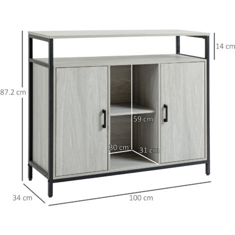 HOMCOM Modern Sideboard Storage Cabinet with Adjustable Shelves Light Grey