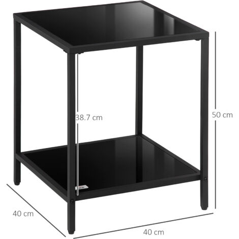 HOMCOM Side Table with Tempered Glass Top, End Table with 2-Tier Storage, Black