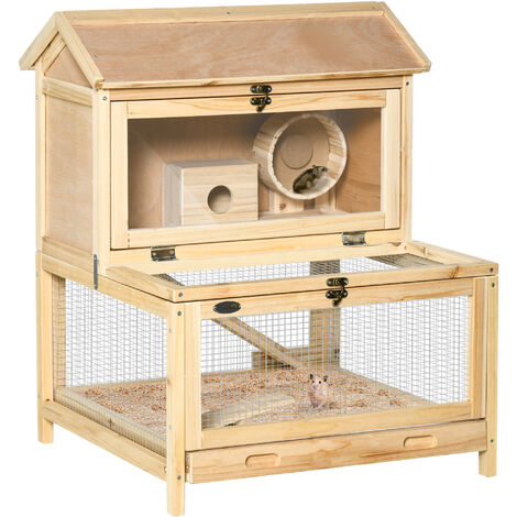 View of PawHut Wooden Hamster Cage w/ Tray, Running Wheel, Seesaw, Ladder - Natural
