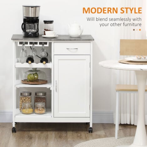 HOMCOM Kitchen Trolley Utility Cart W/ Wheel Wine Rack Open Shelf and Cabinet