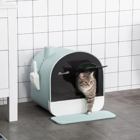 PawHut Cat Litter Box Kitten Litter Tray w/Hood, Scoop, Filter, Flap Door Green