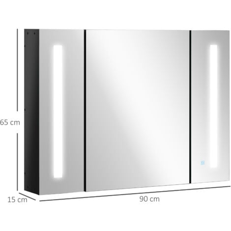 kleankin LED Bathroom Mirror Cabinet with Shelves Wall Mount High Gloss Black