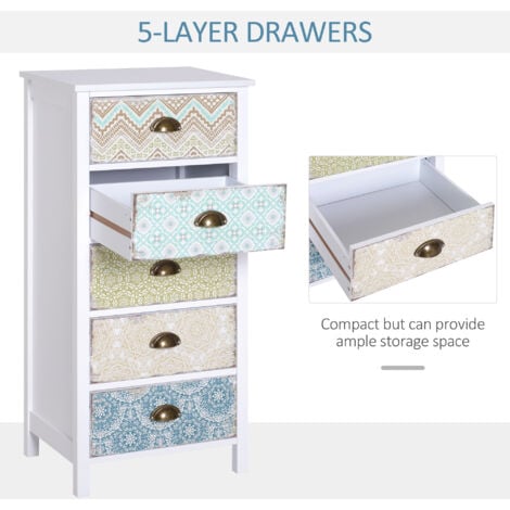 HOMCOM Storage Chest Unit Dresser 5 Drawer Retro Style Wood White Entryway