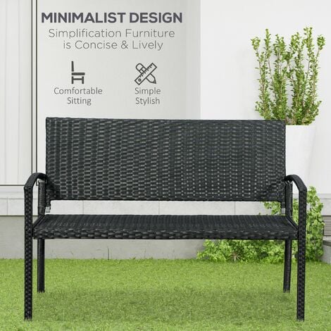 Outsunny Patio Rattan 2 Seater Garden Bench Love Seater Garden Armchair Black