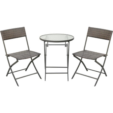 Outsunny 3PC Rattan Bistro Set 2 Folding Chair Coffee Table Garden Furniture - Brown