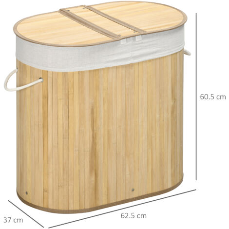 HOMCOM Bamboo Laundry Basket with Lid 100 Litres Laundry Hamper w/ 2 Sections Natural wood finish