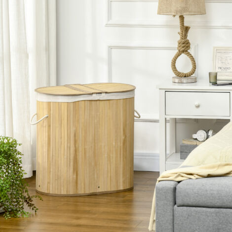 HOMCOM Bamboo Laundry Basket with Lid 100 Litres Laundry Hamper w/ 2 Sections Natural wood finish