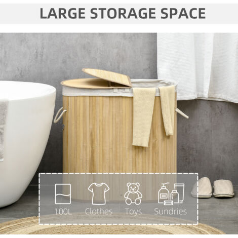 HOMCOM Bamboo Laundry Basket with Lid 100 Litres Laundry Hamper w/ 2 Sections Natural wood finish