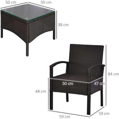 Outsunny 3PC Garden Rattan Bistro Set with Glass Top Table Brown