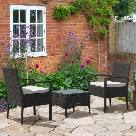 Outsunny 3PC Garden Rattan Bistro Set with Glass Top Table Brown