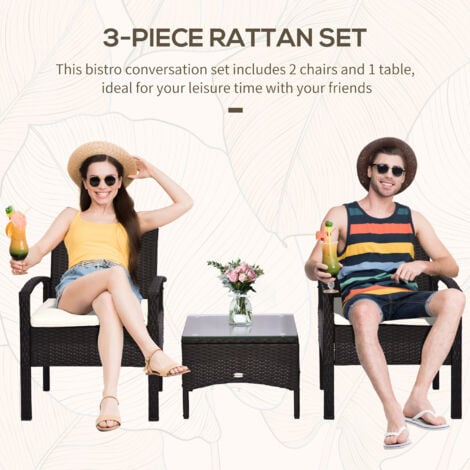 Outsunny 3PC Garden Rattan Bistro Set with Glass Top Table Brown