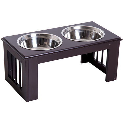 PawHut Stainless Steel Raised Dog Feeding Bowls with Stand for Small Medium Dogs Elevated Twin Pet Bowls Water Food Feeder 58.4L x 30.5W x 25.4H cm - Brown