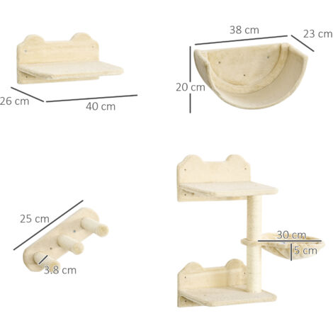 PawHut 4PCs Wall Mounted Cat Tree Cat Wall Shelves Climbing Shelf Scratch Post Beige