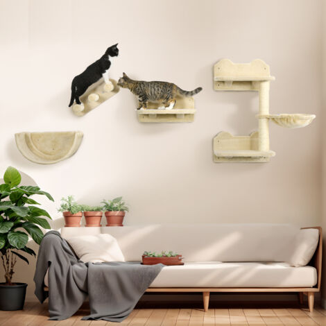 PawHut 4PCs Wall Mounted Cat Tree Cat Wall Shelves Climbing Shelf Scratch Post Beige