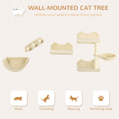 PawHut 4PCs Wall Mounted Cat Tree Cat Wall Shelves Climbing Shelf Scratch Post Beige
