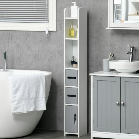 kleankin Freestanding Bathroom Cabinet w/ Open Shelves 3 Cupboards Grey