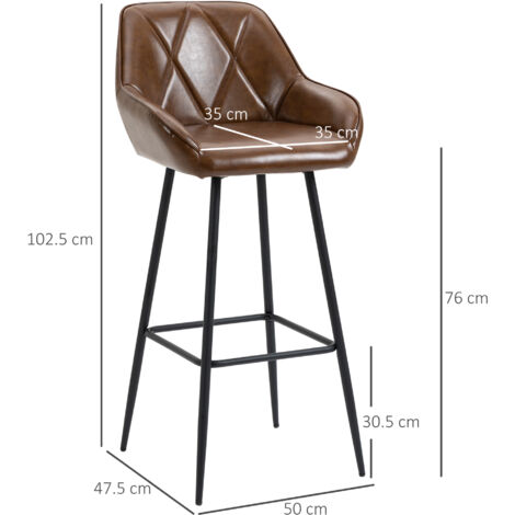 HOMCOM Bar Stools Set of 2 Retro Bar Chairs W/ Backs Footrests Steel Legs Brown
